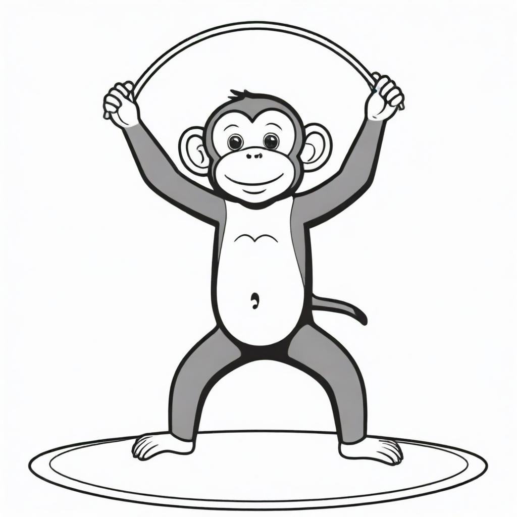 A playful, two-dimensional black and white outline of a circus monkey performing tricks for a colouring page.