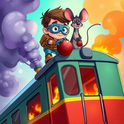 A colorful cartoon scene featuring a brave young boy and a clever rat embarking on an exciting adventure