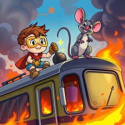 A colorful cartoon scene featuring a brave young boy and a clever rat embarking on an exciting adventure