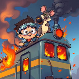 A colorful cartoon scene featuring a brave young boy and a clever rat embarking on an exciting adventure