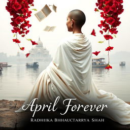 A serene cover design featuring a woman draped in a flowing white sari, her tonsured head turned away so that her face is not visible