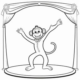 A playful, two-dimensional black and white outline of a circus monkey performing tricks for a colouring page.