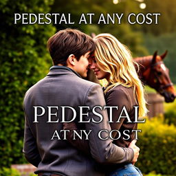 A romantic book cover for 'PEDESTAL AT ANY COST' featuring two young men passionately embracing in an equestrian setting