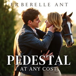 A romantic book cover for 'PEDESTAL AT ANY COST' featuring two young men passionately embracing in an equestrian setting