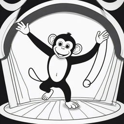 A playful, two-dimensional black and white outline of a circus monkey performing tricks for a colouring page.