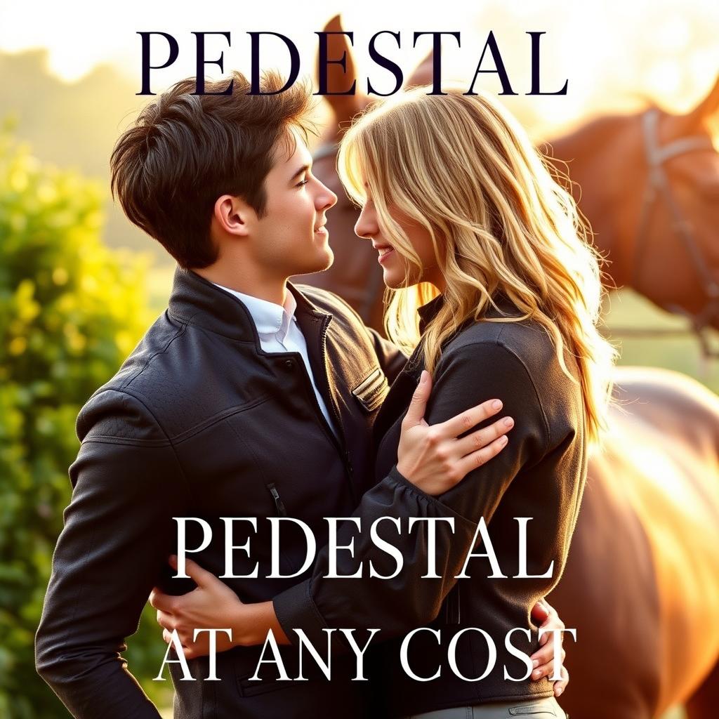 A romantic book cover for 'PEDESTAL AT ANY COST' featuring two young men passionately embracing in an equestrian setting