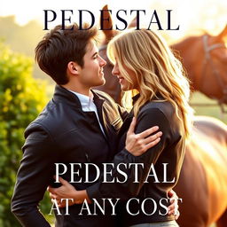 A romantic book cover for 'PEDESTAL AT ANY COST' featuring two young men passionately embracing in an equestrian setting