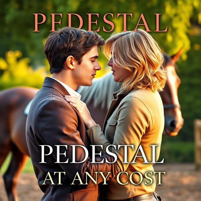 A romantic book cover for 'PEDESTAL AT ANY COST' featuring two young men passionately embracing in an equestrian setting