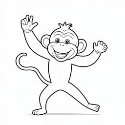 A playful, two-dimensional black and white outline of a circus monkey performing tricks for a colouring page.