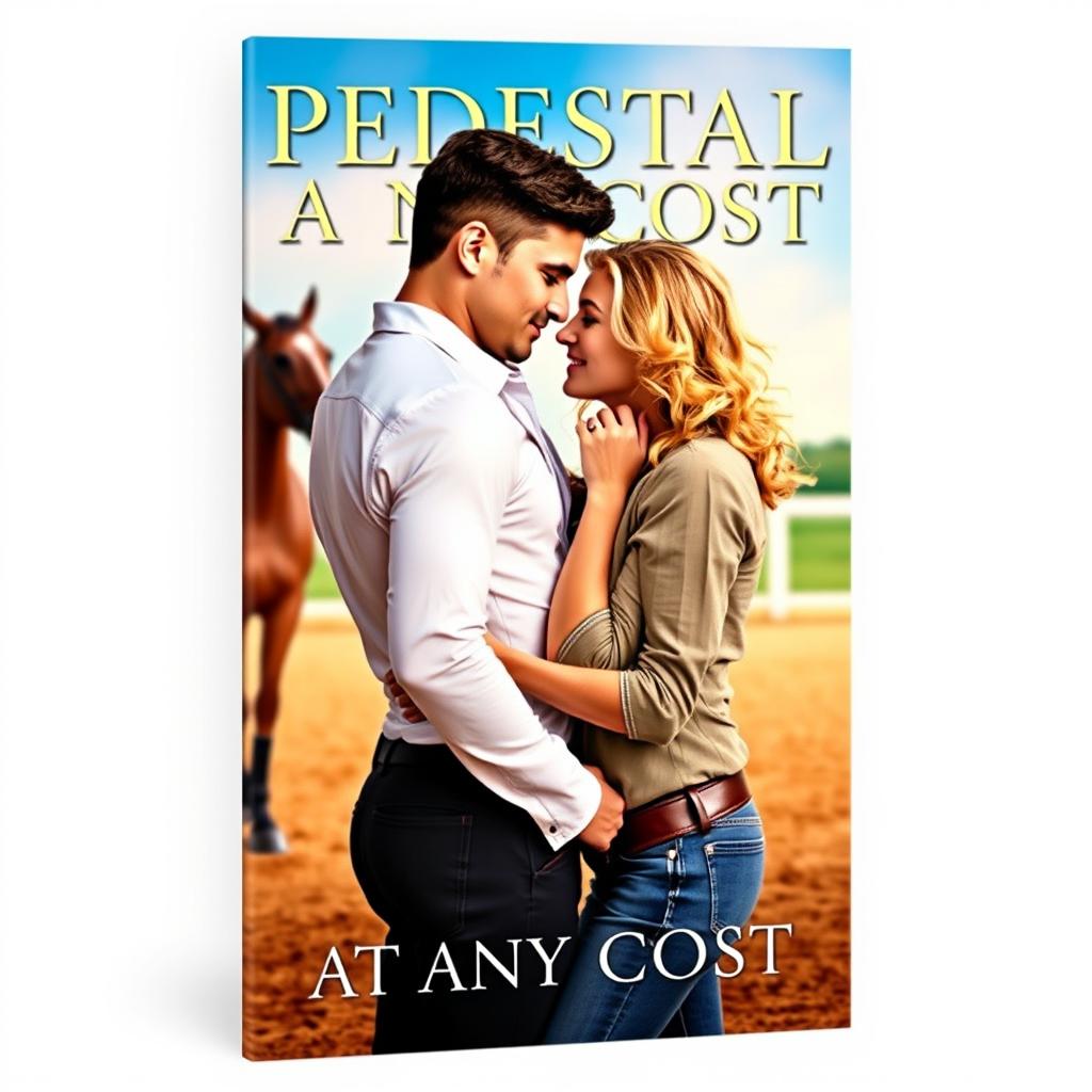 A romantic and captivating book cover design for 'PEDESTAL AT ANY COST' featuring two handsome gay men, one with short dark hair and the other with wavy blonde hair, embracing each other against a backdrop of an equestrian arena