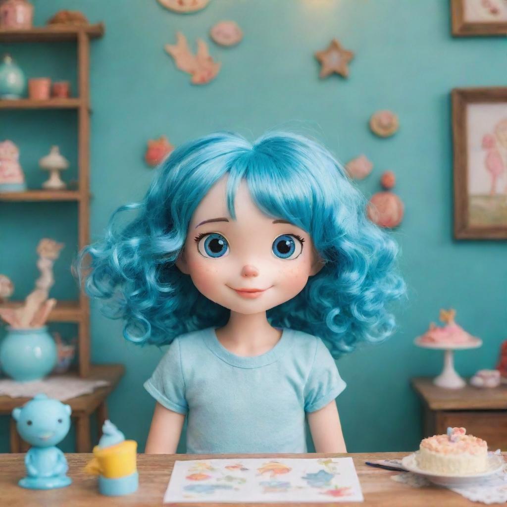 A cartoon girl with sea-blue hair in a whimsical setting