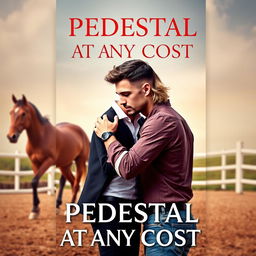 A romantic and captivating book cover design for 'PEDESTAL AT ANY COST' featuring two handsome gay men, one with short dark hair and the other with wavy blonde hair, embracing each other against a backdrop of an equestrian arena