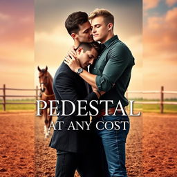 A romantic and captivating book cover design for 'PEDESTAL AT ANY COST' featuring two handsome gay men, one with short dark hair and the other with wavy blonde hair, embracing each other against a backdrop of an equestrian arena