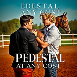 A romantic and captivating book cover design for 'PEDESTAL AT ANY COST' featuring two handsome gay men, one with short dark hair and the other with wavy blonde hair, embracing each other against a backdrop of an equestrian arena