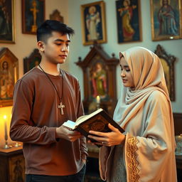 A young man wearing a cross around his neck stands in a room adorned with religious icons, inviting a young Muslim woman holding a Quran in her hands to pray together