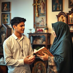 A young man wearing a cross around his neck stands in a room adorned with religious icons, inviting a young Muslim woman holding a Quran in her hands to pray together