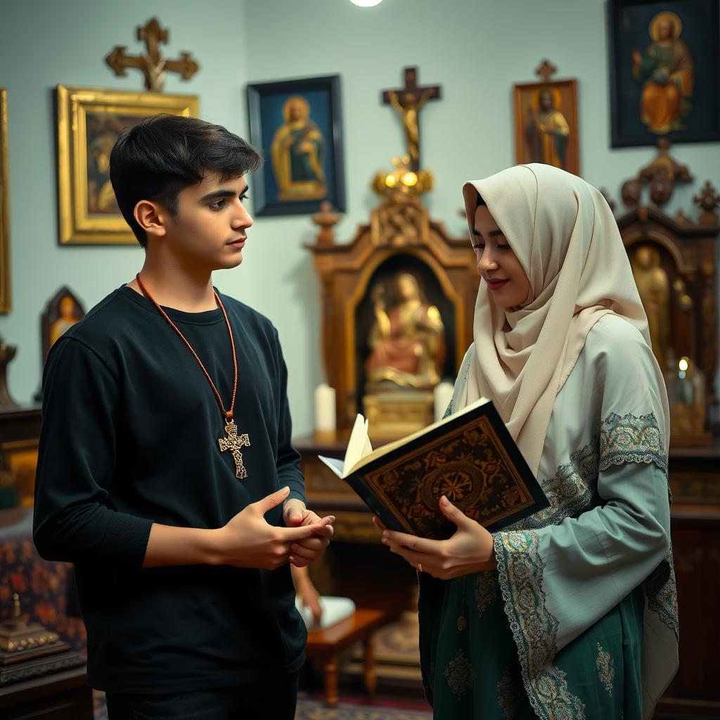 A young man wearing a cross around his neck stands in a room adorned with religious icons, inviting a young Muslim woman holding a Quran in her hands to pray together