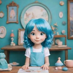 A cartoon girl with sea-blue hair in a whimsical setting