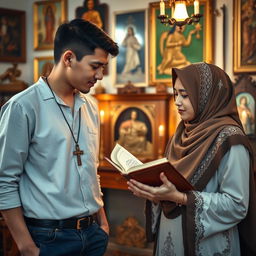 A young man wearing a cross around his neck stands in a room adorned with religious icons, inviting a young Muslim woman holding a Quran in her hands to pray together