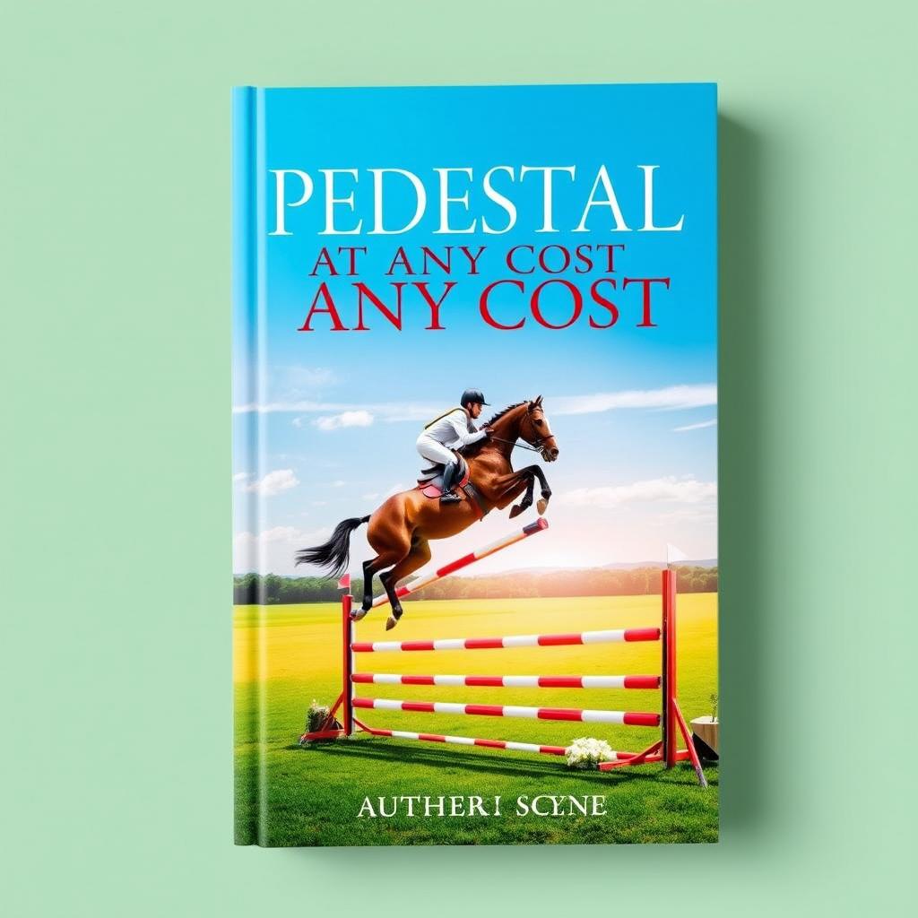 A captivating book cover for 'PEDESTAL AT ANY COST,' showcasing the thrilling world of equestrian sport