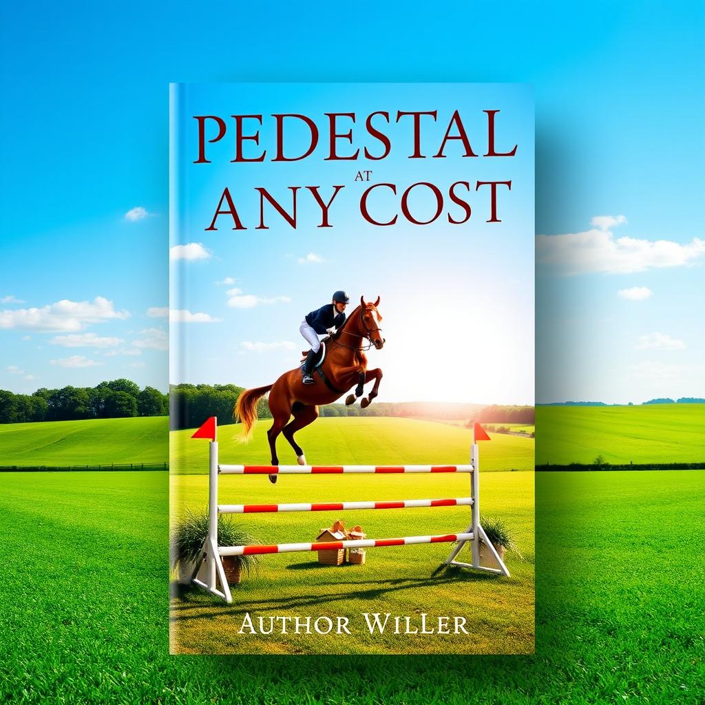 A captivating book cover for 'PEDESTAL AT ANY COST,' showcasing the thrilling world of equestrian sport