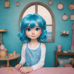 A cartoon girl with sea-blue hair in a whimsical setting