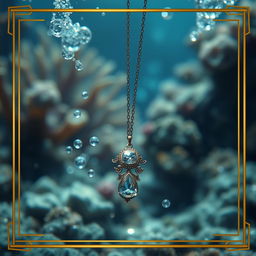 An evocative underwater scene where a necklace appears to be slowly sinking, surrounded by shimmering water and soft bubbles