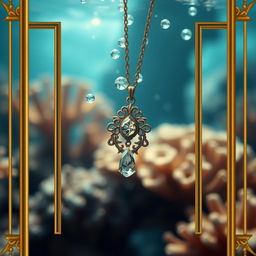 An evocative underwater scene where a necklace appears to be slowly sinking, surrounded by shimmering water and soft bubbles