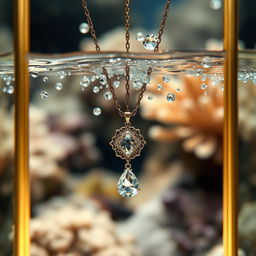 An evocative underwater scene where a necklace appears to be slowly sinking, surrounded by shimmering water and soft bubbles