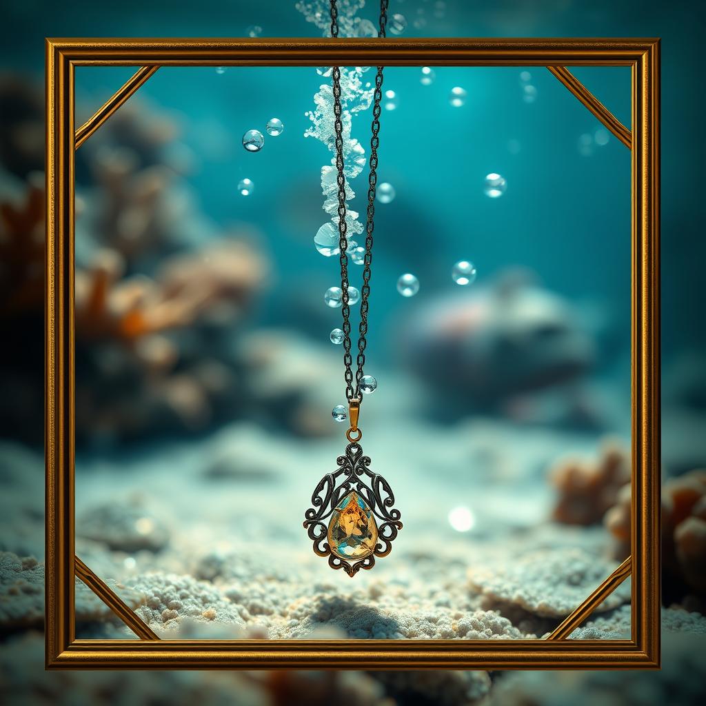 An evocative underwater scene where a necklace appears to be slowly sinking, surrounded by shimmering water and soft bubbles