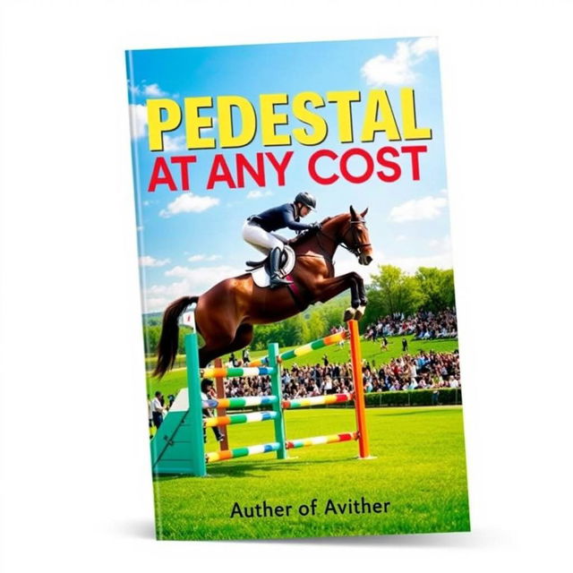 A striking book cover design for 'PEDESTAL AT ANY COST,' focusing on the thrilling world of equestrian sport