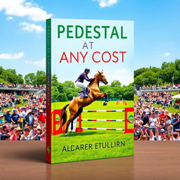 A striking book cover design for 'PEDESTAL AT ANY COST,' focusing on the thrilling world of equestrian sport