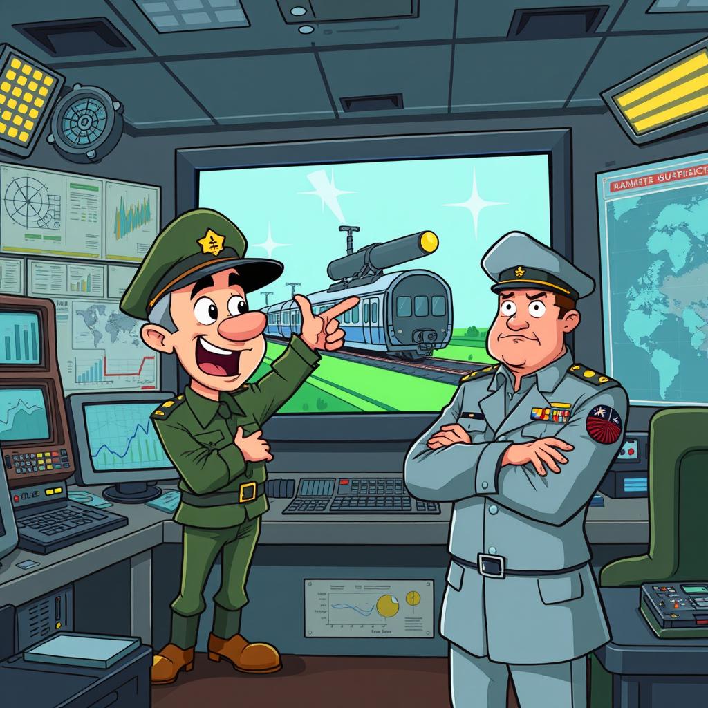 A vibrant cartoon scene featuring a quirky cartoon officer and a stern army chief in a control room