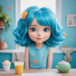 A cartoon girl with sea-blue hair in a whimsical setting