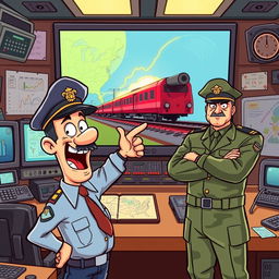 A vibrant cartoon scene featuring a quirky cartoon officer and a stern army chief in a control room