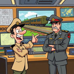 A vibrant cartoon scene featuring a quirky cartoon officer and a stern army chief in a control room