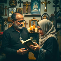 A man with a cross necklace in a room filled with religious icons offers support to a young Muslim woman holding a Quran in her hands as she prays in his space