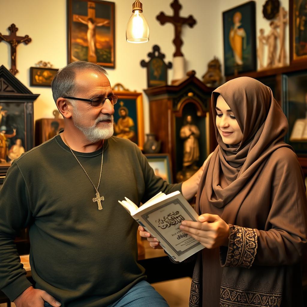 A man with a cross necklace in a room filled with religious icons offers support to a young Muslim woman holding a Quran in her hands as she prays in his space