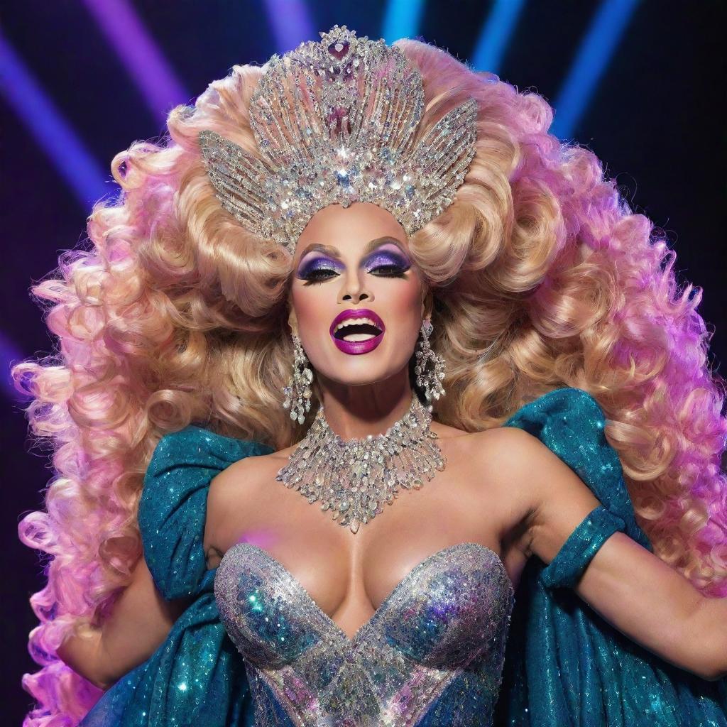 A fabulous and flamboyant drag queen passionately performing on a glittering stage laden with vibrant lights, draped in extravagant gown and sparkling jewels, wearing vivid makeup with a high bouffant hairstyle.