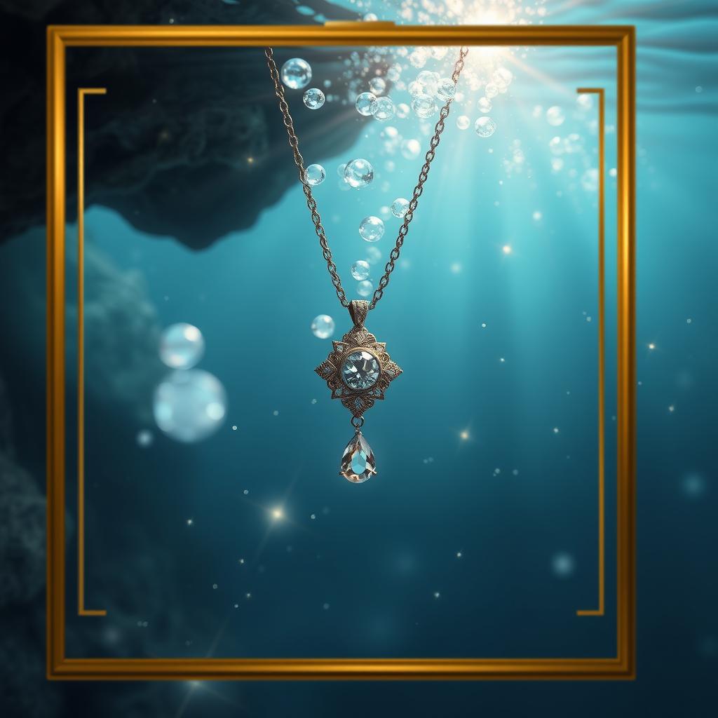 An enchanting underwater scene where a beautifully designed necklace appears to be slowly sinking, surrounded by soft bubbles and shimmering waves