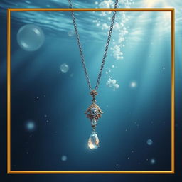 An enchanting underwater scene where a beautifully designed necklace appears to be slowly sinking, surrounded by soft bubbles and shimmering waves