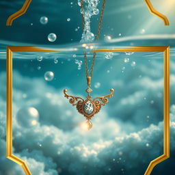 An enchanting underwater scene where a beautifully designed necklace appears to be slowly sinking, surrounded by soft bubbles and shimmering waves