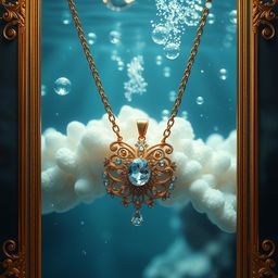 An enchanting underwater scene where a beautifully designed necklace appears to be slowly sinking, surrounded by soft bubbles and shimmering waves