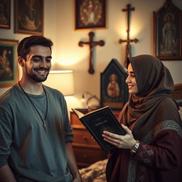 A young European man with a cross necklace invites a young Muslim woman holding the Quran to pray in his room, which is decorated with religious icons