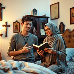 A young European man with a cross necklace invites a young Muslim woman holding the Quran to pray in his room, which is decorated with religious icons