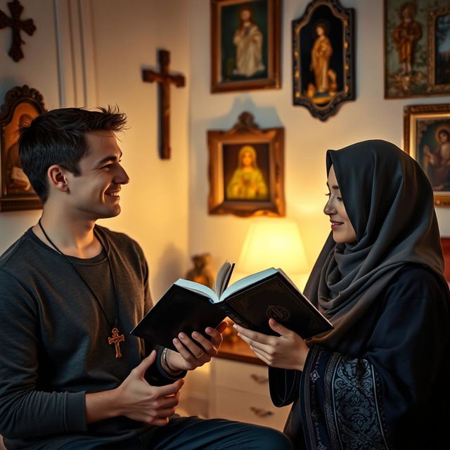 A young European man with a cross necklace invites a young Muslim woman holding the Quran to pray in his room, which is decorated with religious icons
