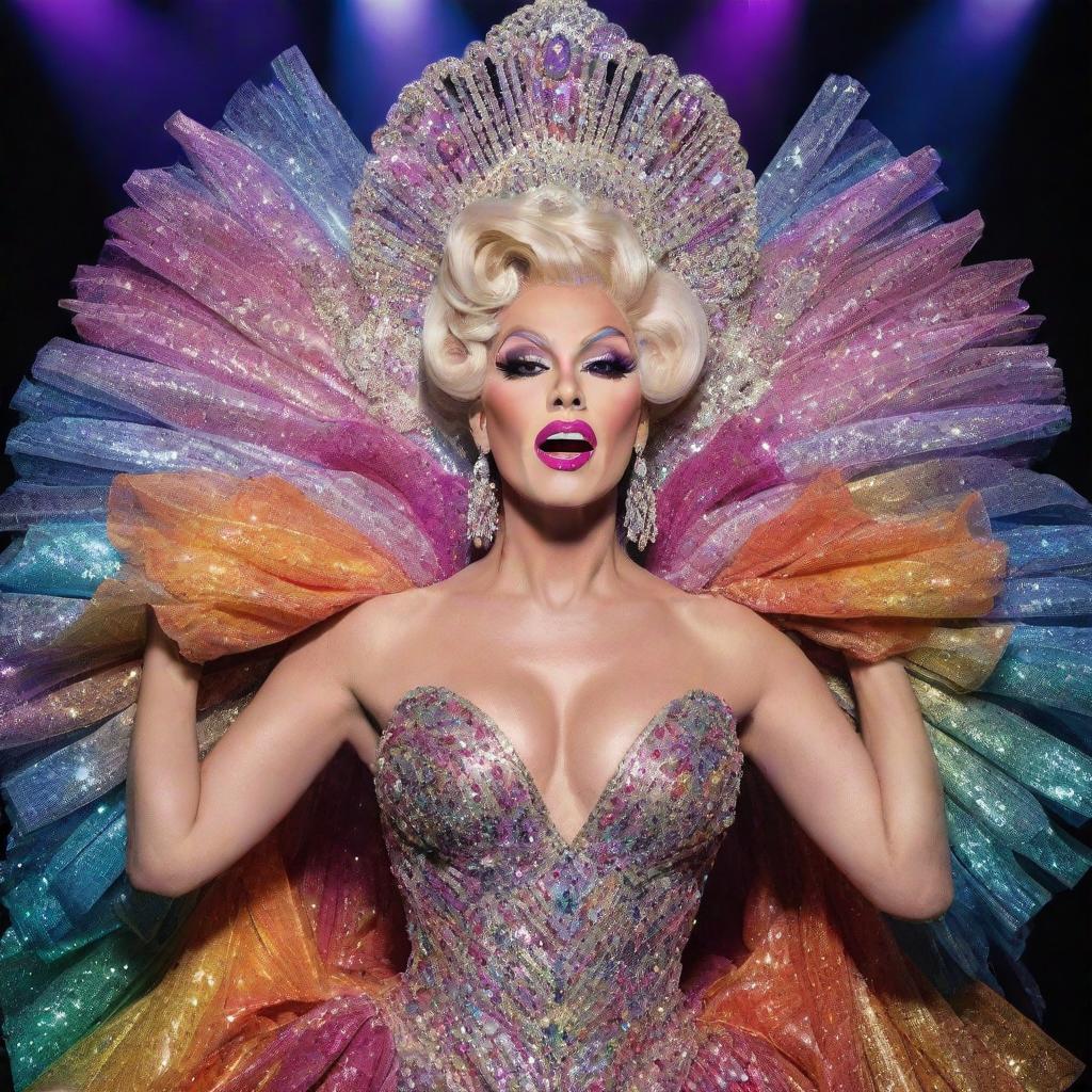 A fabulous and flamboyant drag queen passionately performing on a glittering stage laden with vibrant lights, draped in extravagant gown and sparkling jewels, wearing vivid makeup with a high bouffant hairstyle.