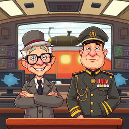 A cartoonish scene featuring a whimsical mayor of a city and an army chief standing side by side at a podium, both animated and expressive