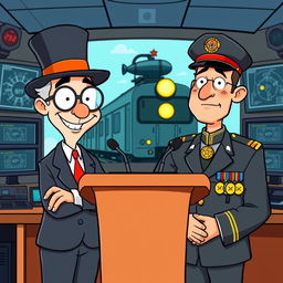 A cartoonish scene featuring a whimsical mayor of a city and an army chief standing side by side at a podium, both animated and expressive