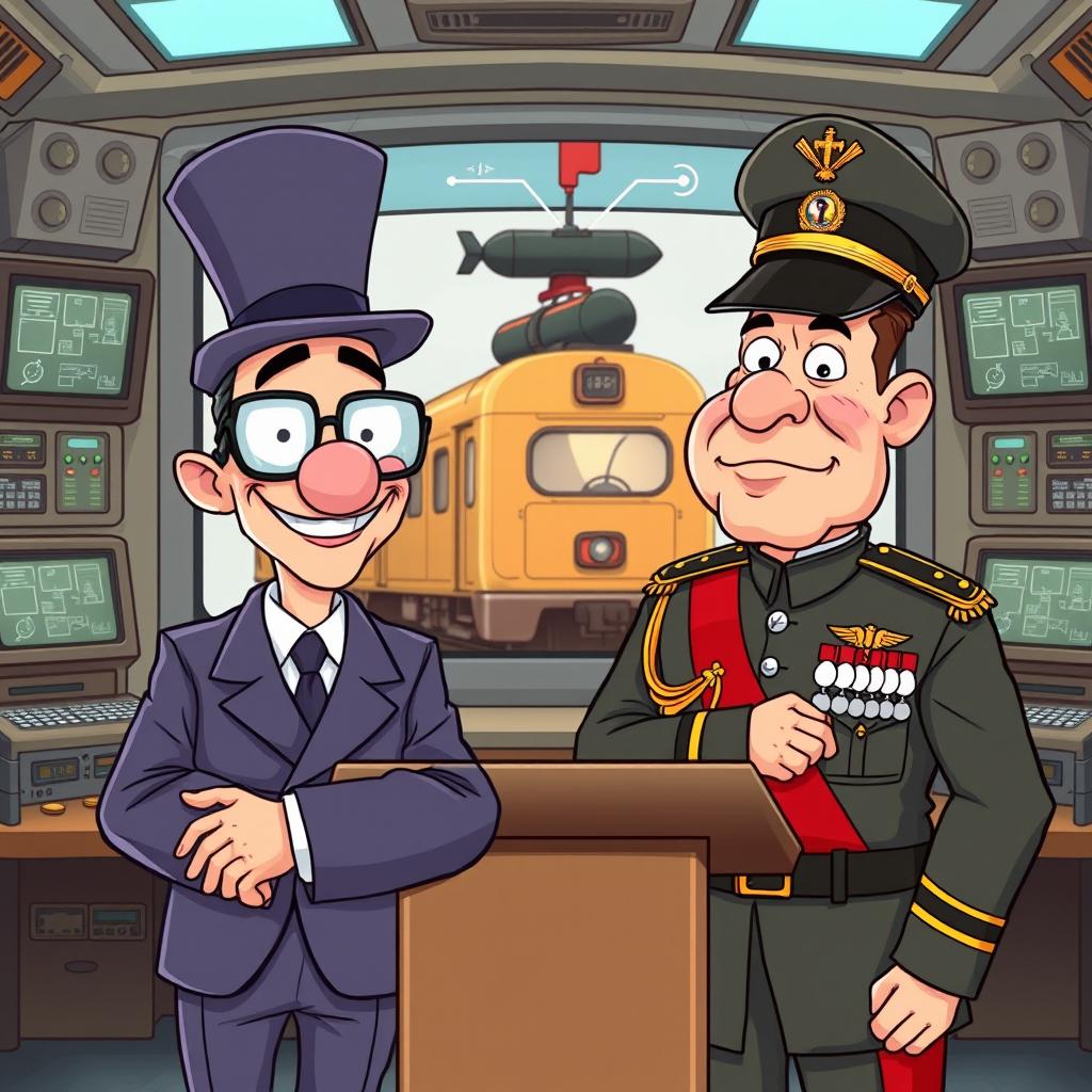 A cartoonish scene featuring a whimsical mayor of a city and an army chief standing side by side at a podium, both animated and expressive